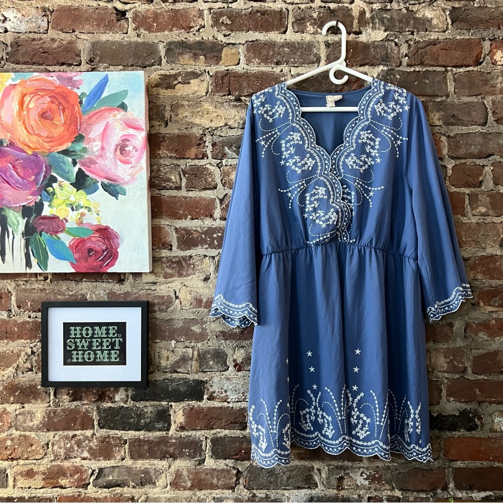 H&M Divided Slate Blue Embroidered V-Neck Dress